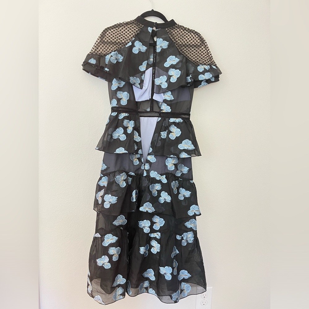 Self-Portrait Black & Blue Floral Fil Coupe Cape Detail Tiered Midi Dress 6 - Picture 9 of 14